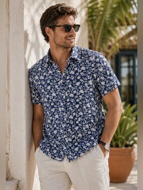 Slate & Stone Blue White Floral Resort Shirt Hawaiian Beach Button Down Small